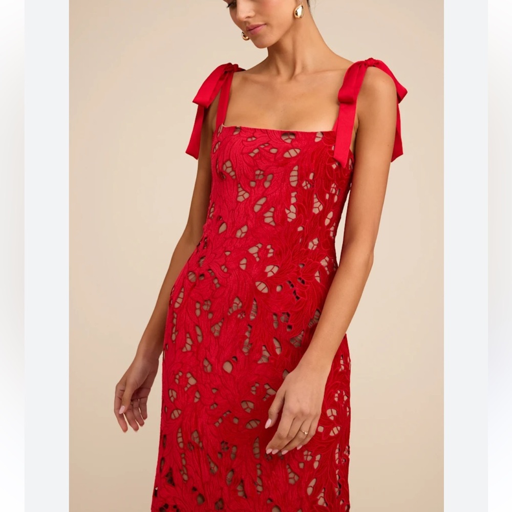 Lulus Ramsey Red Embroidered Tie Strap Maxi Dress Evening Gown Medium NWT NEW - Picture 3 of 12